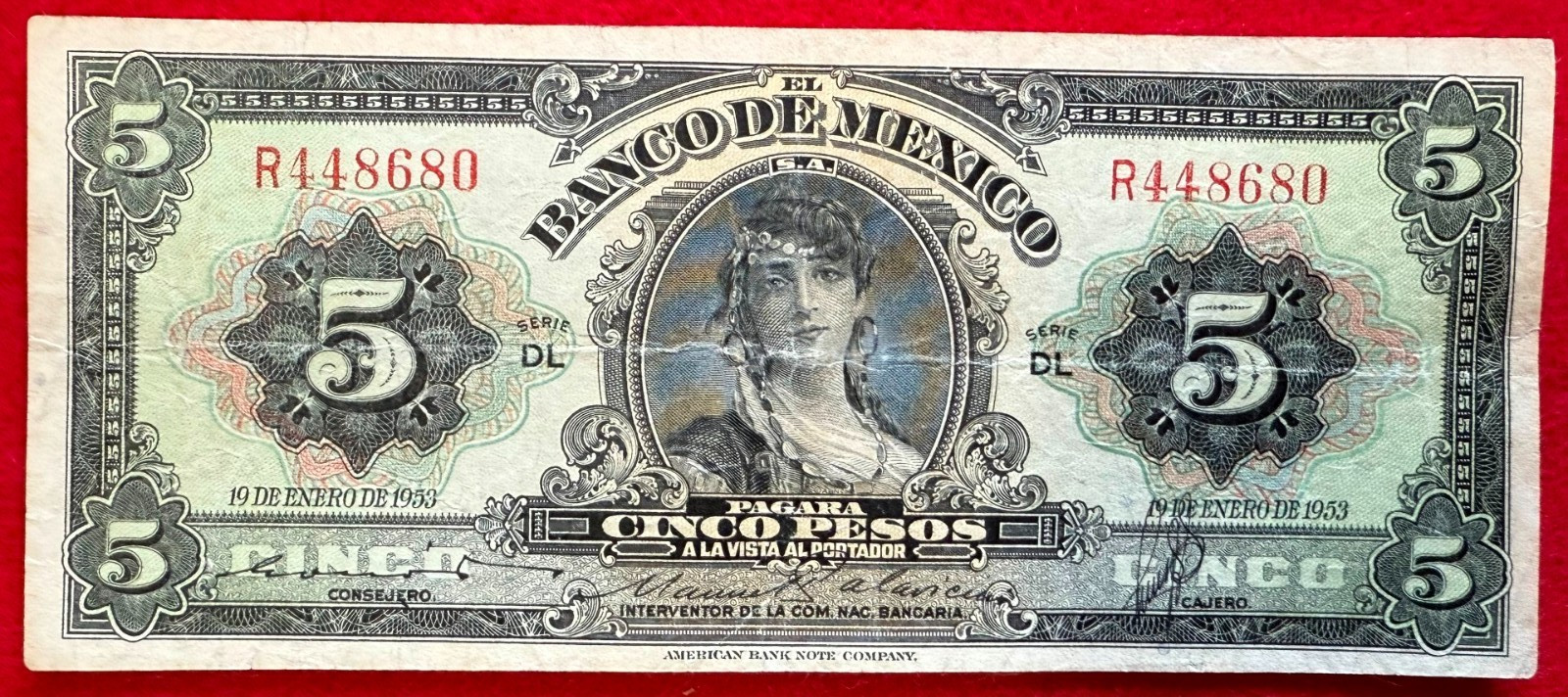 1953 Mexico 5 Pesos GYPSY Mexican banknote Gitana SERIE DL PREFIX R 448680