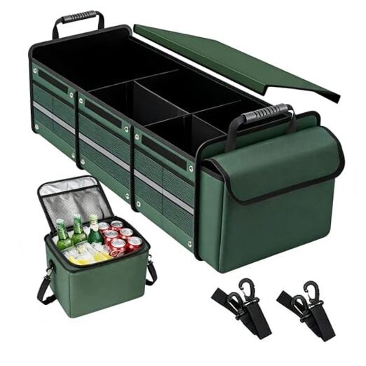 Car Trunk Organizer with Cooler Bag, Collapsible Multi-Compartment Car Green