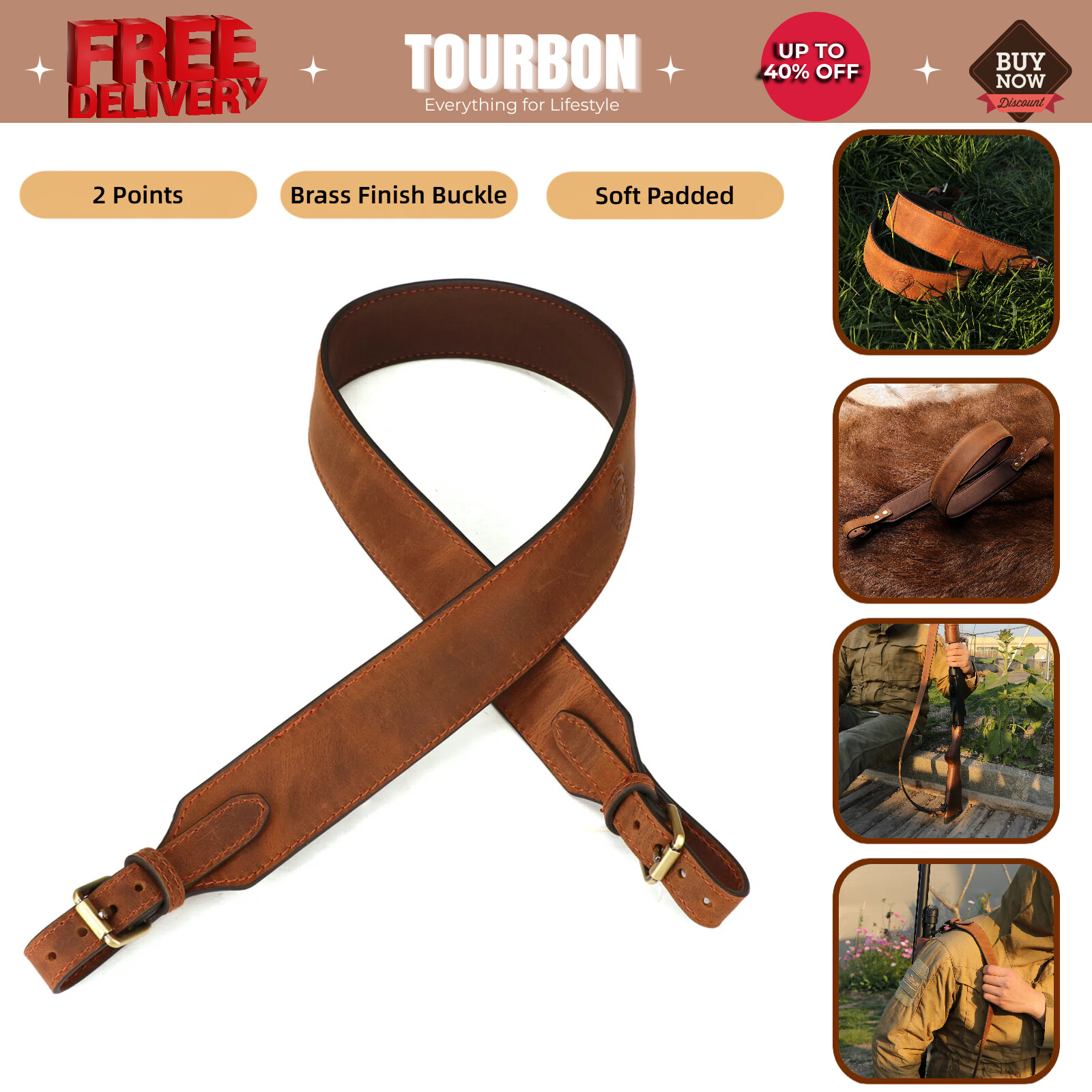 Tourbon Hunting Real Leather Rifle Strap Shotgun Carry Sling Adjustable 2 Points