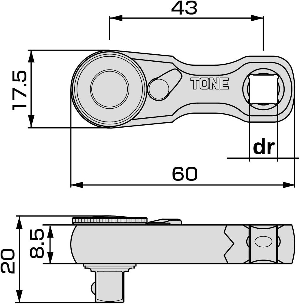 TONE Stubby Ratchet Handle Socket Hold Type RH2HSS2 Insertion angle 6.35mm 1/4"