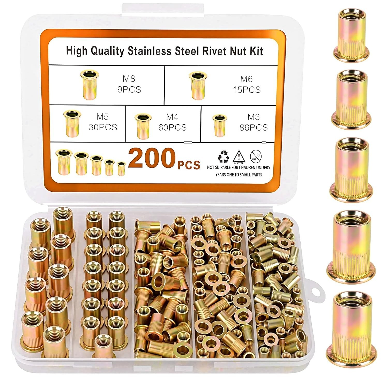 200PCS Metric Rivet Nut Kit M3 M4 M5 M6 M8 Rivnut Threaded Insert Assortment