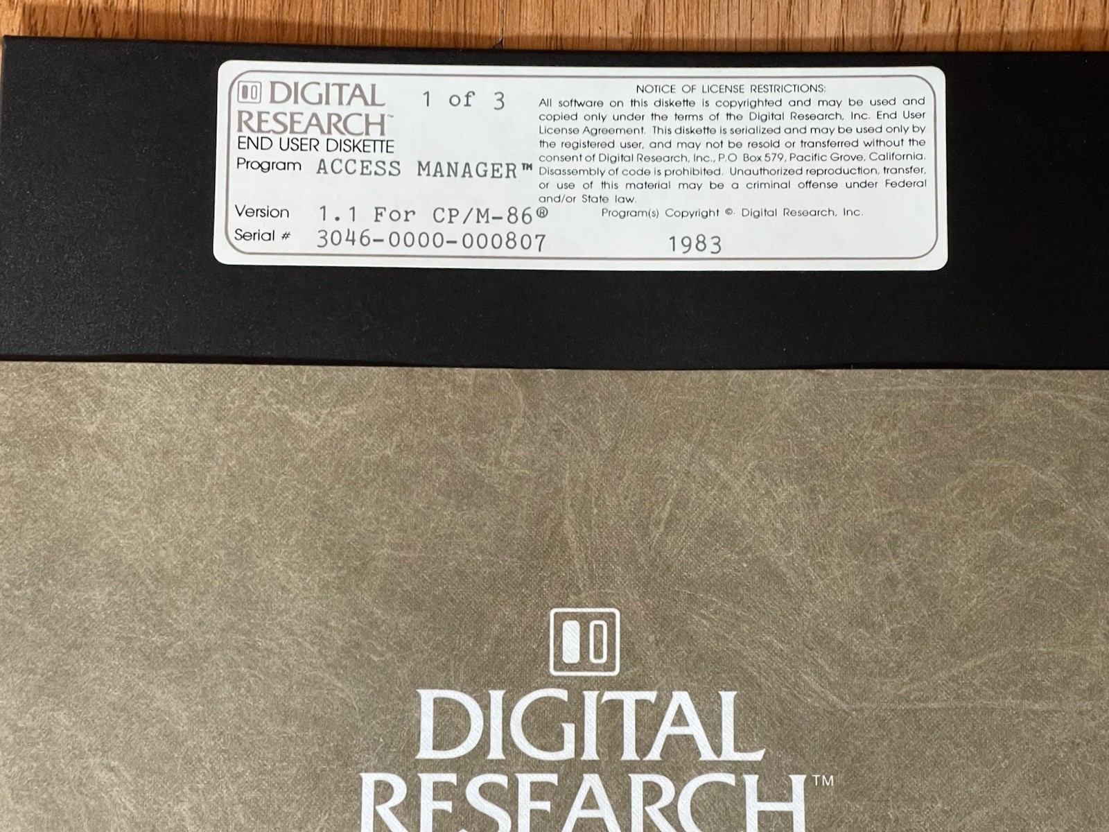 Rare Digital Research 1983 Access Manager CP/M-86 1.1 Disk Set Programmer Guide