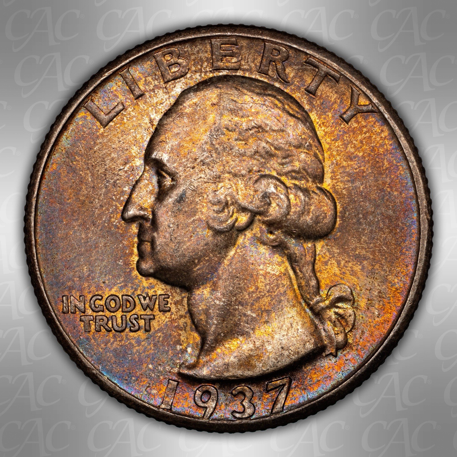 1937-D Washington Quarter Silver 25C MS64 CACG Denver 🌈 Color Bomb!
