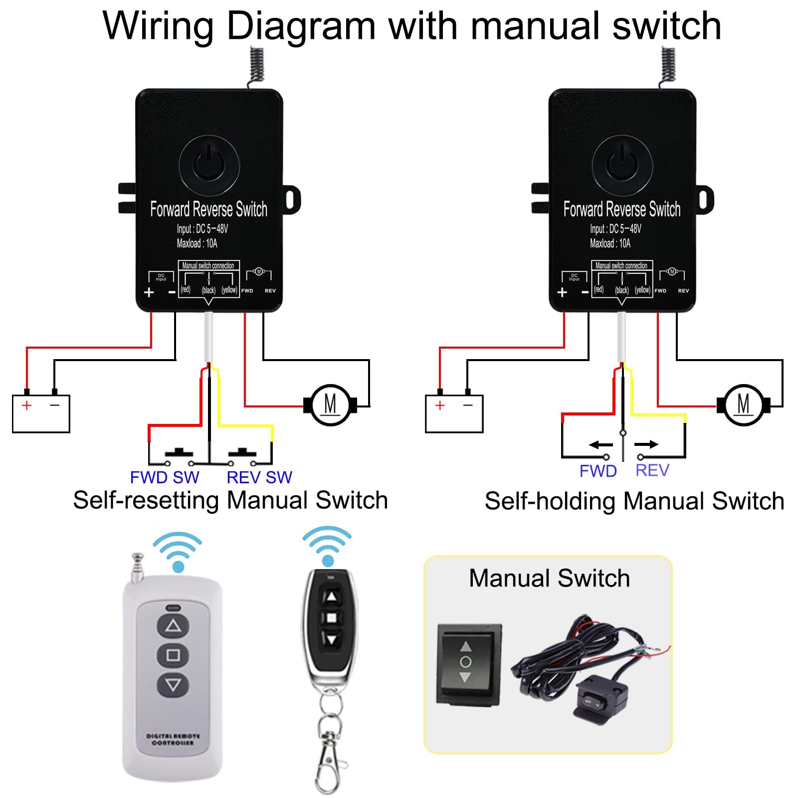 Waterproof Forward Reverse Remote Control Switch up to 168 FT,DC 5V to 48V /1...