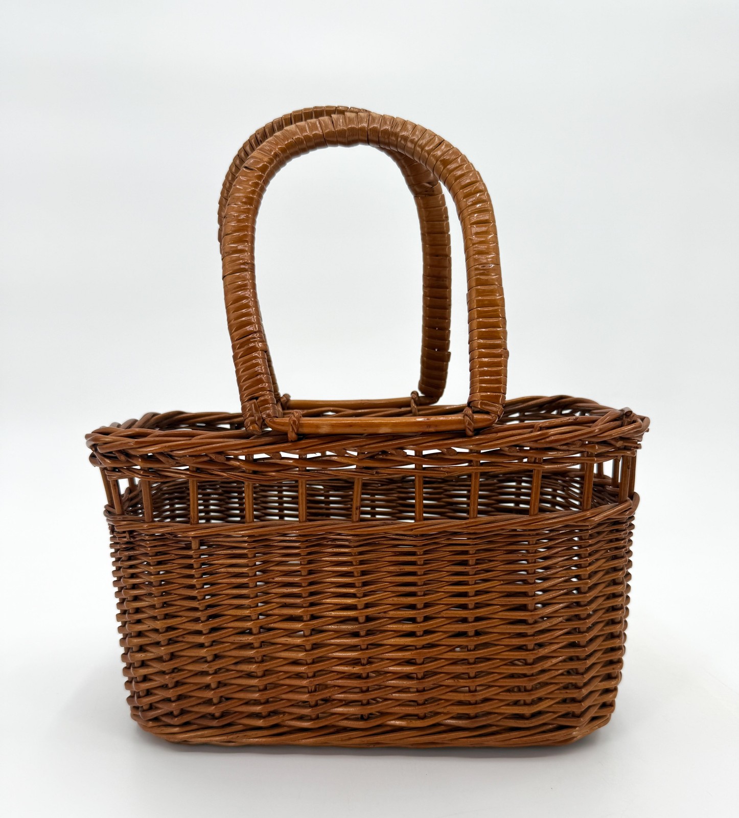 Vintage Wicker Basket Rectangular Handwoven Picnic Tote Double Handles Storage