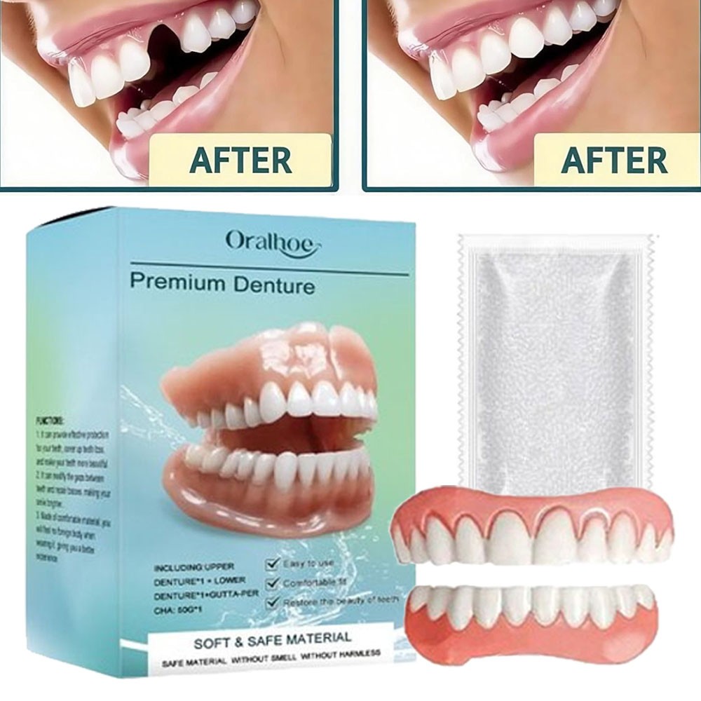 DIY Full Denture Set,Soft & Safe Moldable False Teeth Set,Upper & Lower Braces