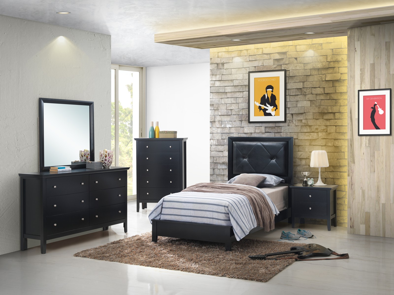 Black Nightstand, 52x43x80 Inch Transitional Bedside Table with Assembly
