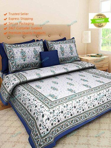 Jaipuri Printed Sanganeri Cotton Double Bed Sheet With 2Pillow Cover 90x108 KING