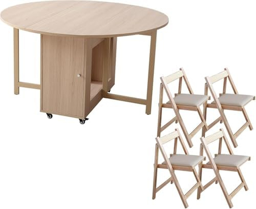 Wood round Folding Dining Table with 4 Chairs, 47.3" Space Saving Foldable Dinin