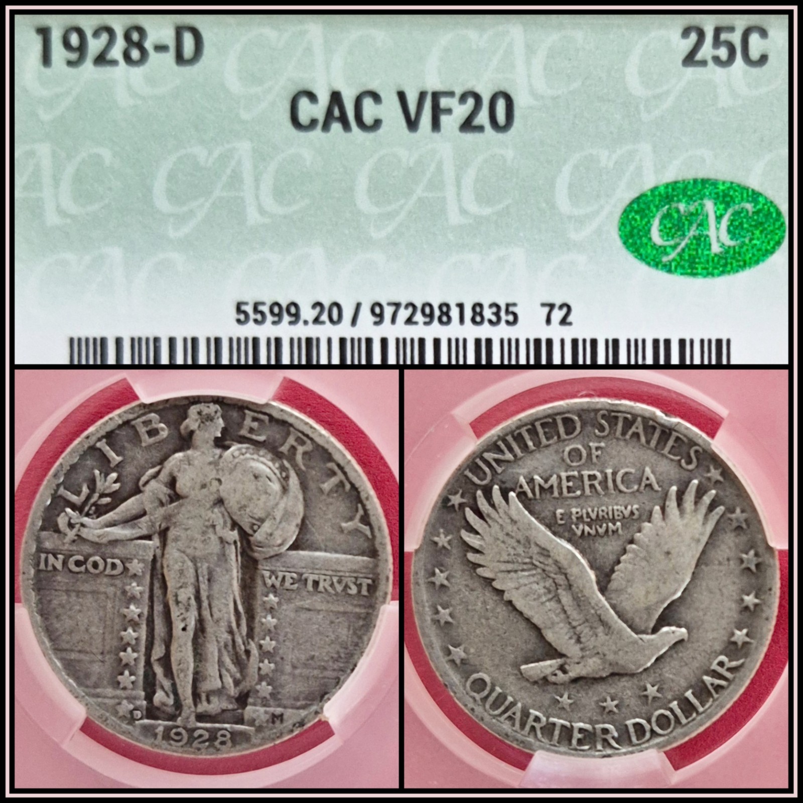 1928-D Silver 25c Standing Liberty Quarter CAC VF 20 Very Fine Classic Coin