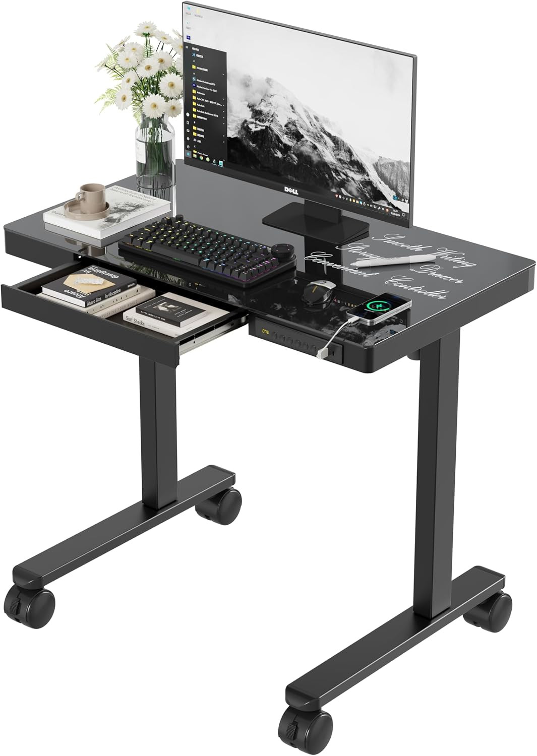 35X20 Glass Electric Standing Desk with Drawer and Wheels, Black | Height Adjust