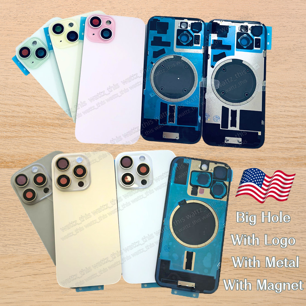 For iPhone 14/15 16 17 Pro Back Glass Replacement Big Hole Rear Cover +Metal Lot
