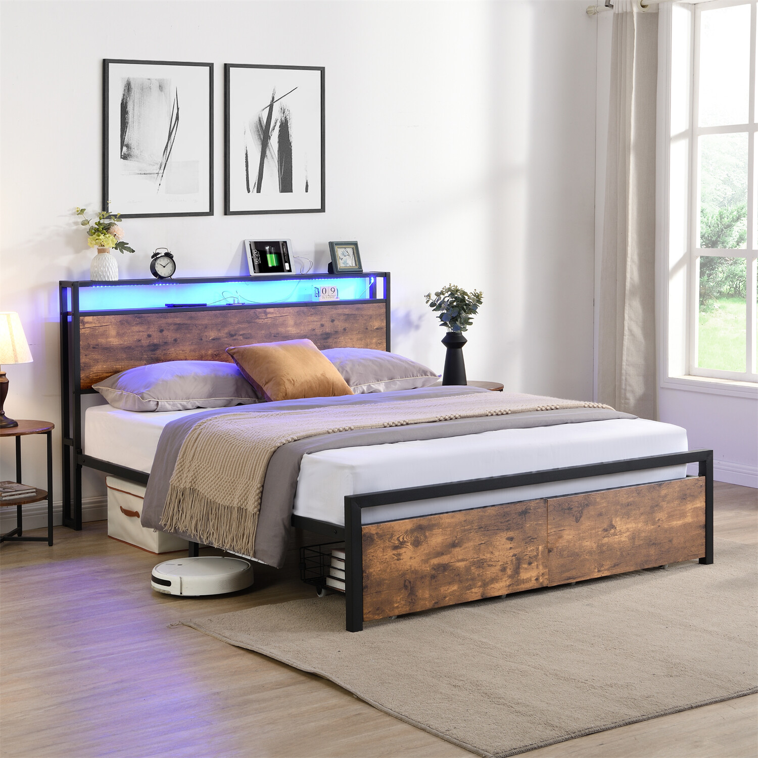 Full Size LED Bed Frame w/ Storage Headboard & 2 Drawers Metal Platform Bed