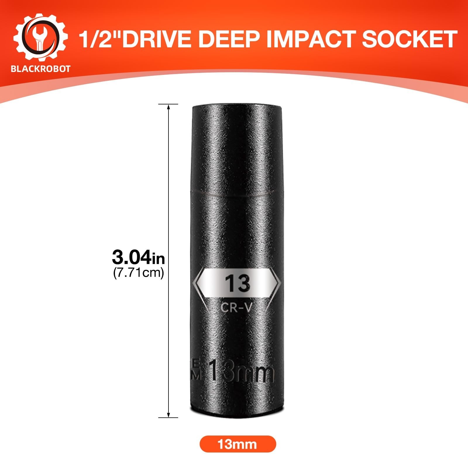 BLACKROBOT 1/2 Inch Drive 6-Point Deep Socket, 13mm Deep Impact Socket, CR-V ...