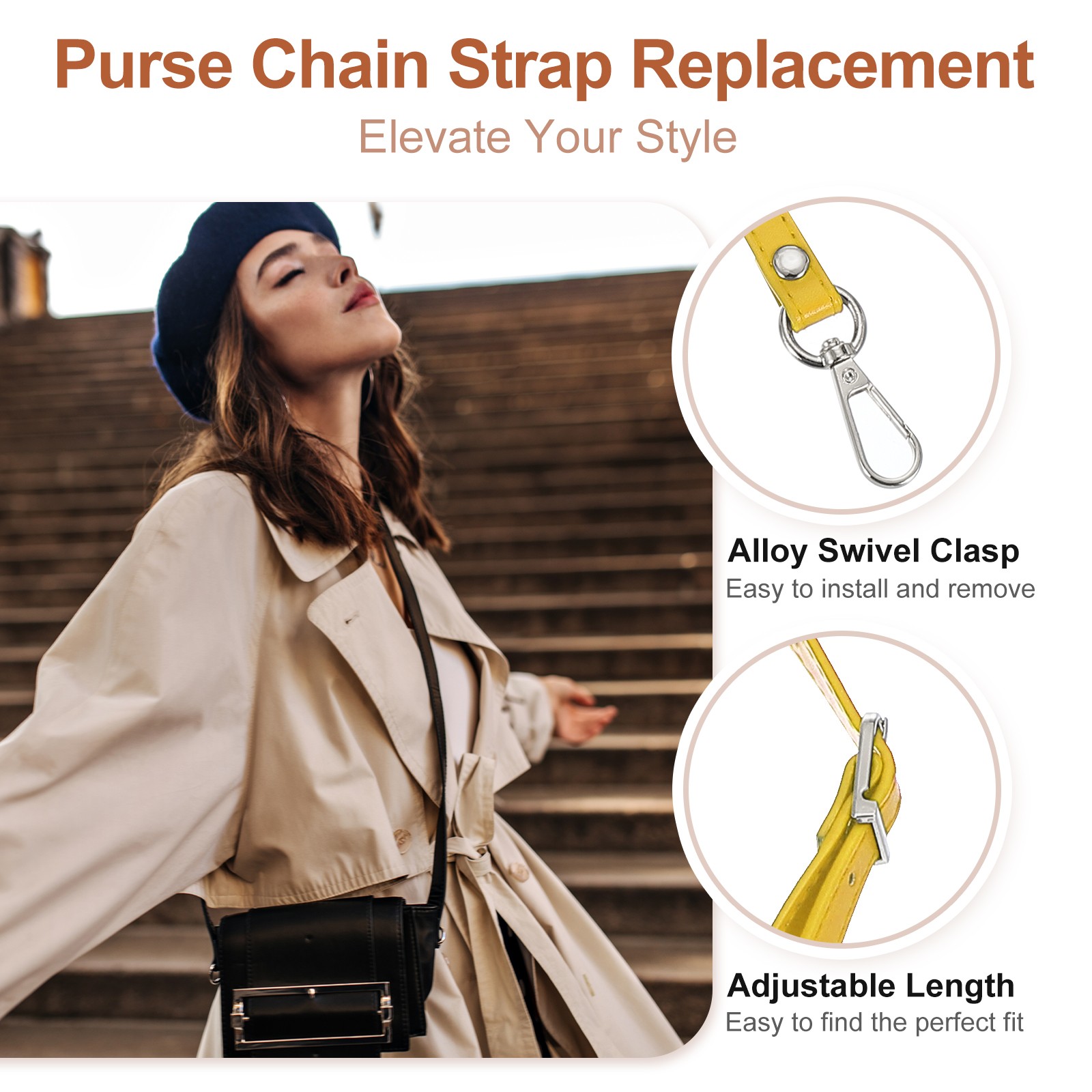 47" Adjustable PU Leather Purse Strap with Silver Hardware Yellow
