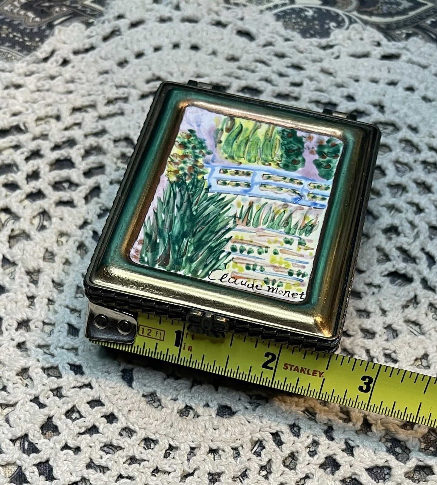 Enameled Painted Fabric Lined Brass Trinket Box