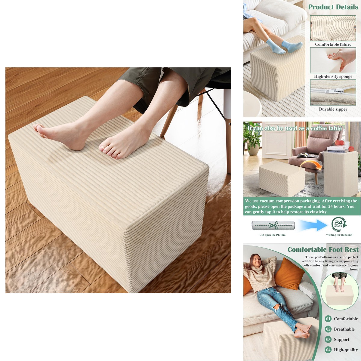 Setguopal Rectangular Pouf Ottoman Soft Furry Corduroy Foot Rest Chair