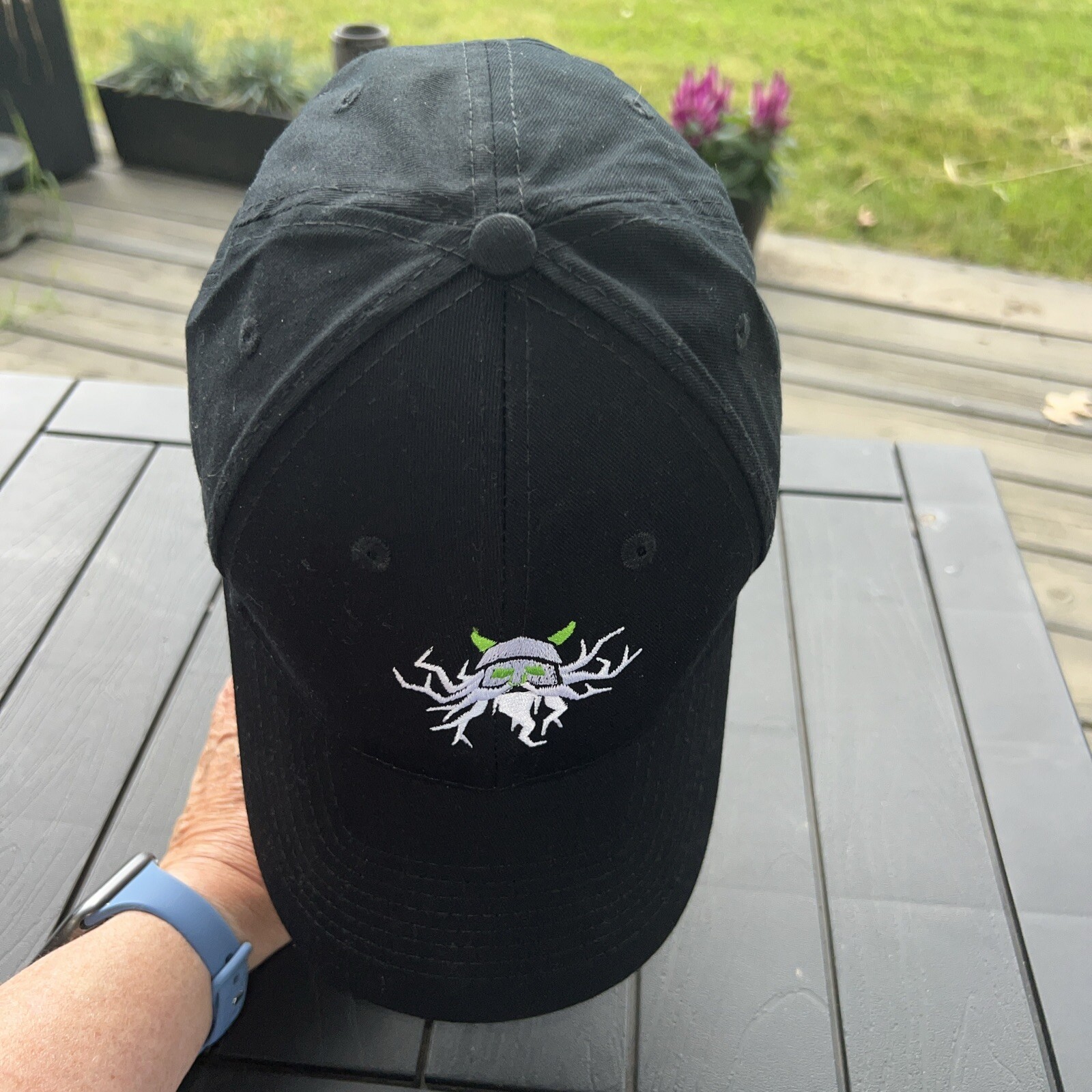 Viking Head in White Lime Green on Black Hat Cap Hook Loop VGC