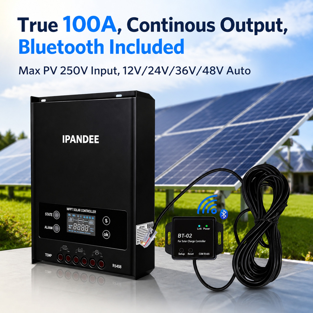 MPPT 100A Solar Charger Controller 12V/24V/36/48V PV 250VDC Battery Regulator+BT