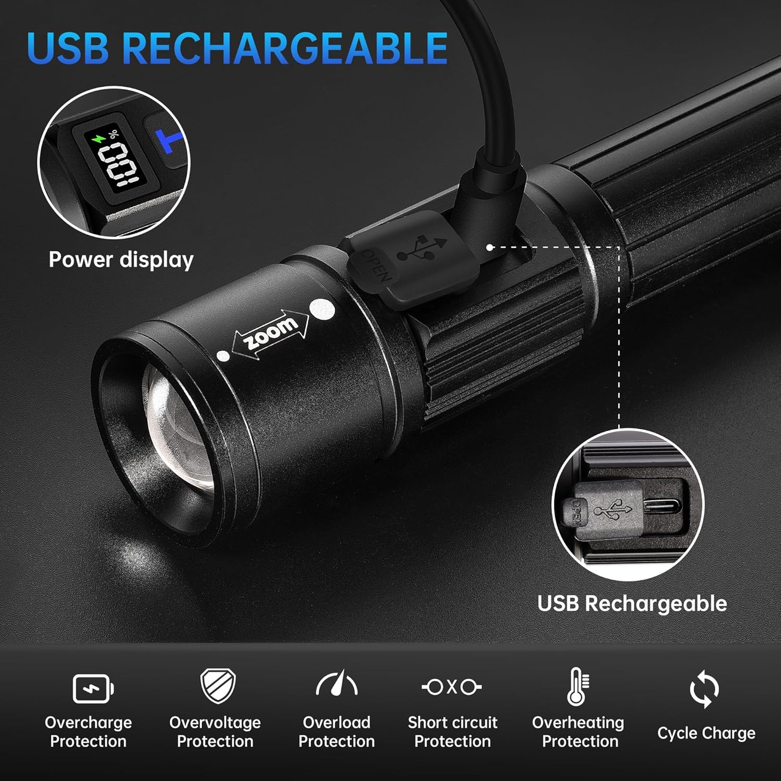 Rechargeable Flashlight 2 Pack, High Lumens LED, 5 Modes Zoomable with LCD