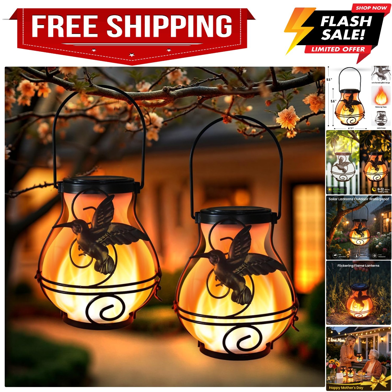 2 Pack Solar Lanterns Outdoor Waterproof Flickering Flame Lights Hummingbird ...