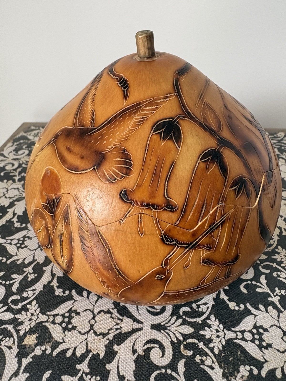 Hand Carved Hand Painted Gourd Hummingbirds Flower Vintage Folk Art Trinket Box