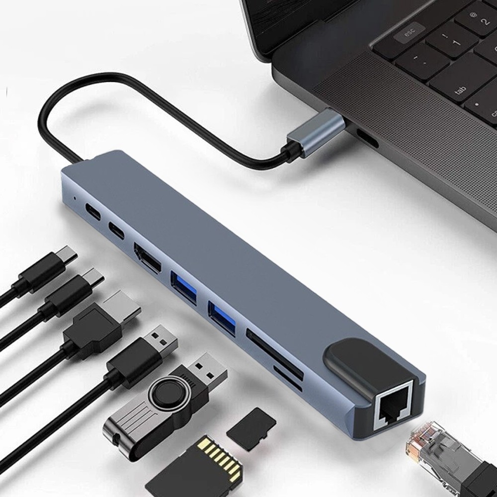 8 in 1 Multiport USB C Hub to 4K HDMI Adapter For MacBook Pro/Air laptops and PC