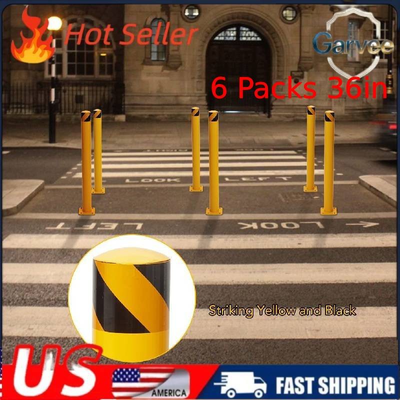 Safety Bollard 36in Height 4.5in Diameter 6 Packs Yellow Steel with 24 Anchor Bo