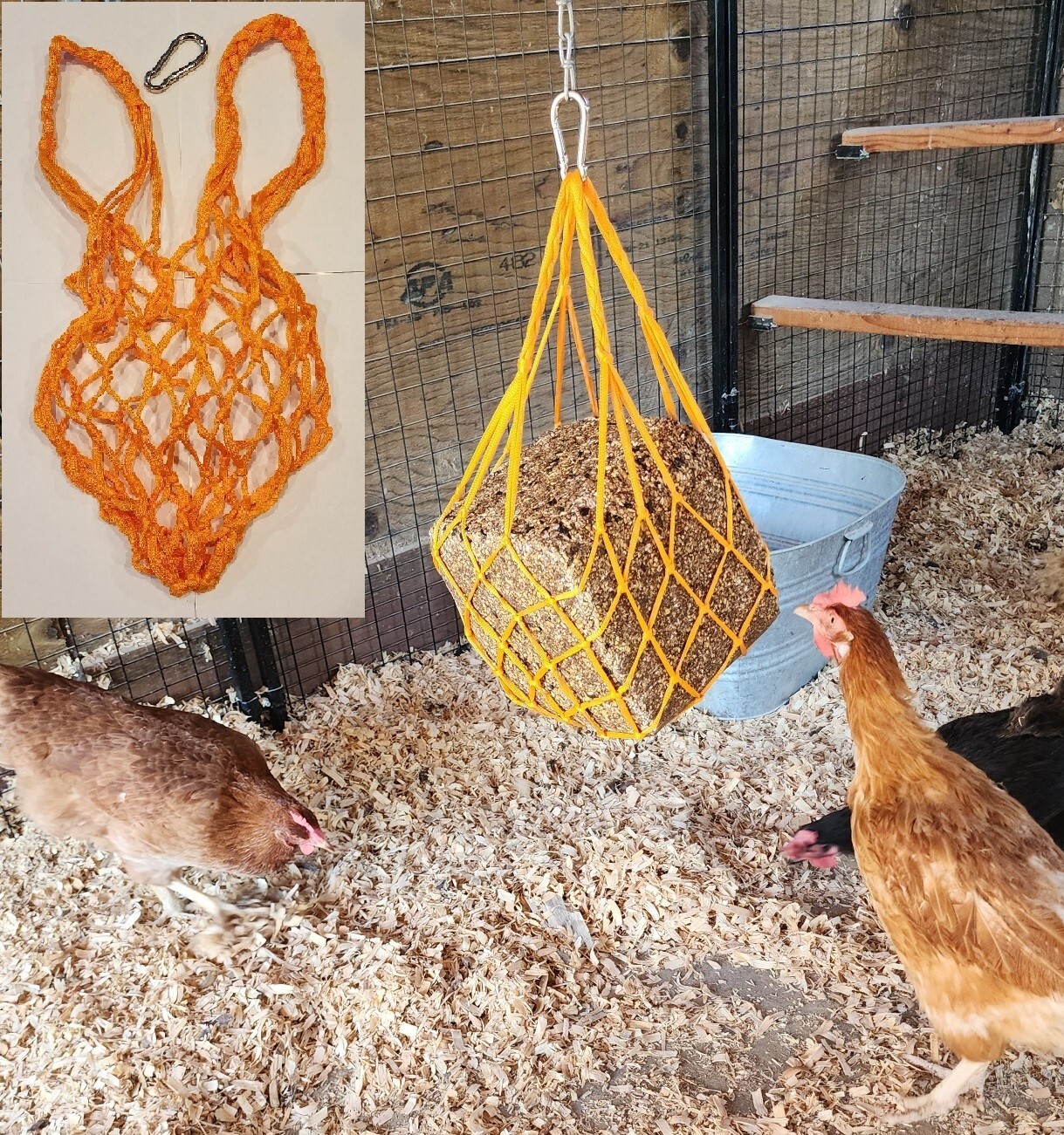 ORANGE Chicken Coop Flock Block Bird Seed Hanging Bag Veggie Treat Holder Toy