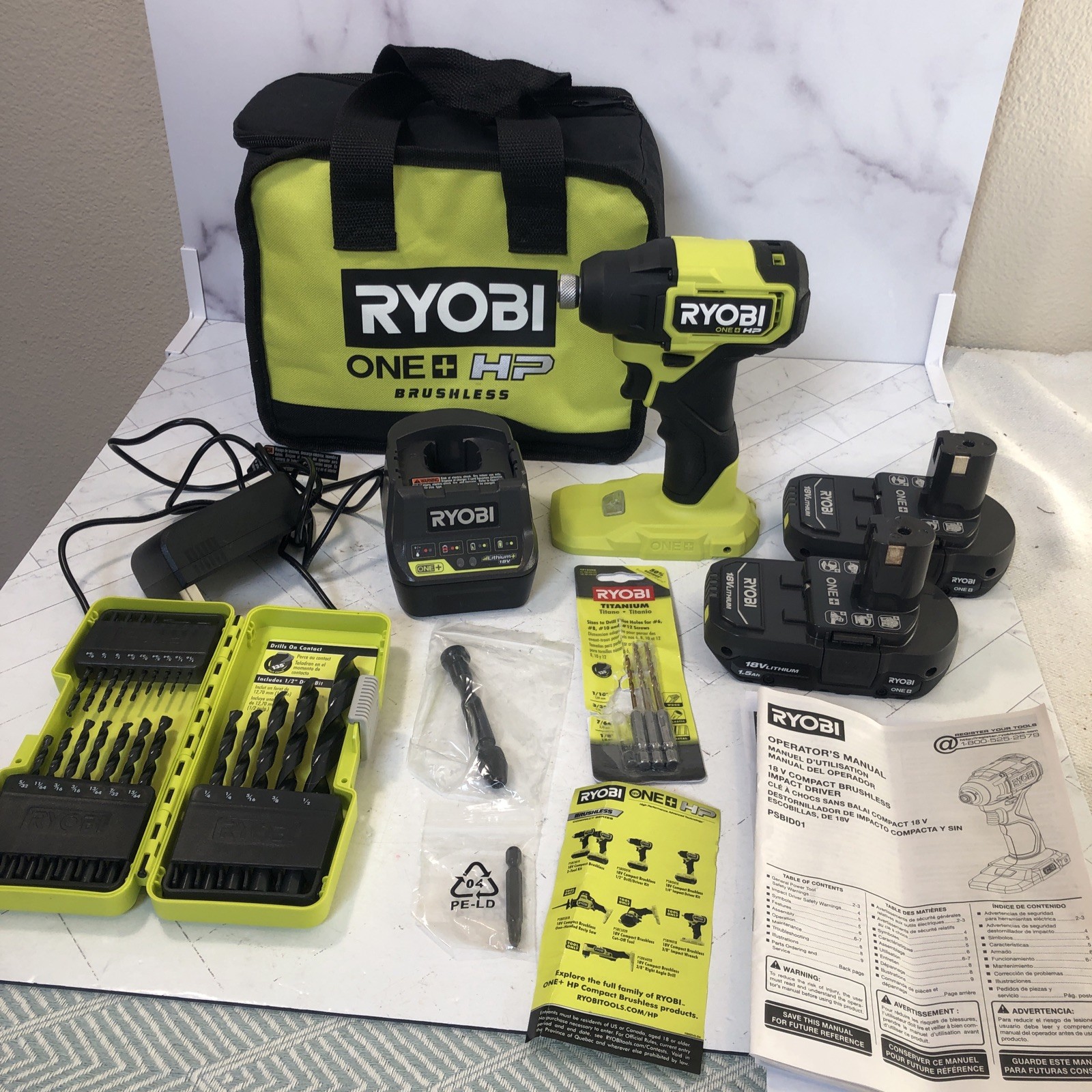 Ryobi One+ HP Brushless Drill Driver w 2 Batteries Charger screw kit BARELY USED