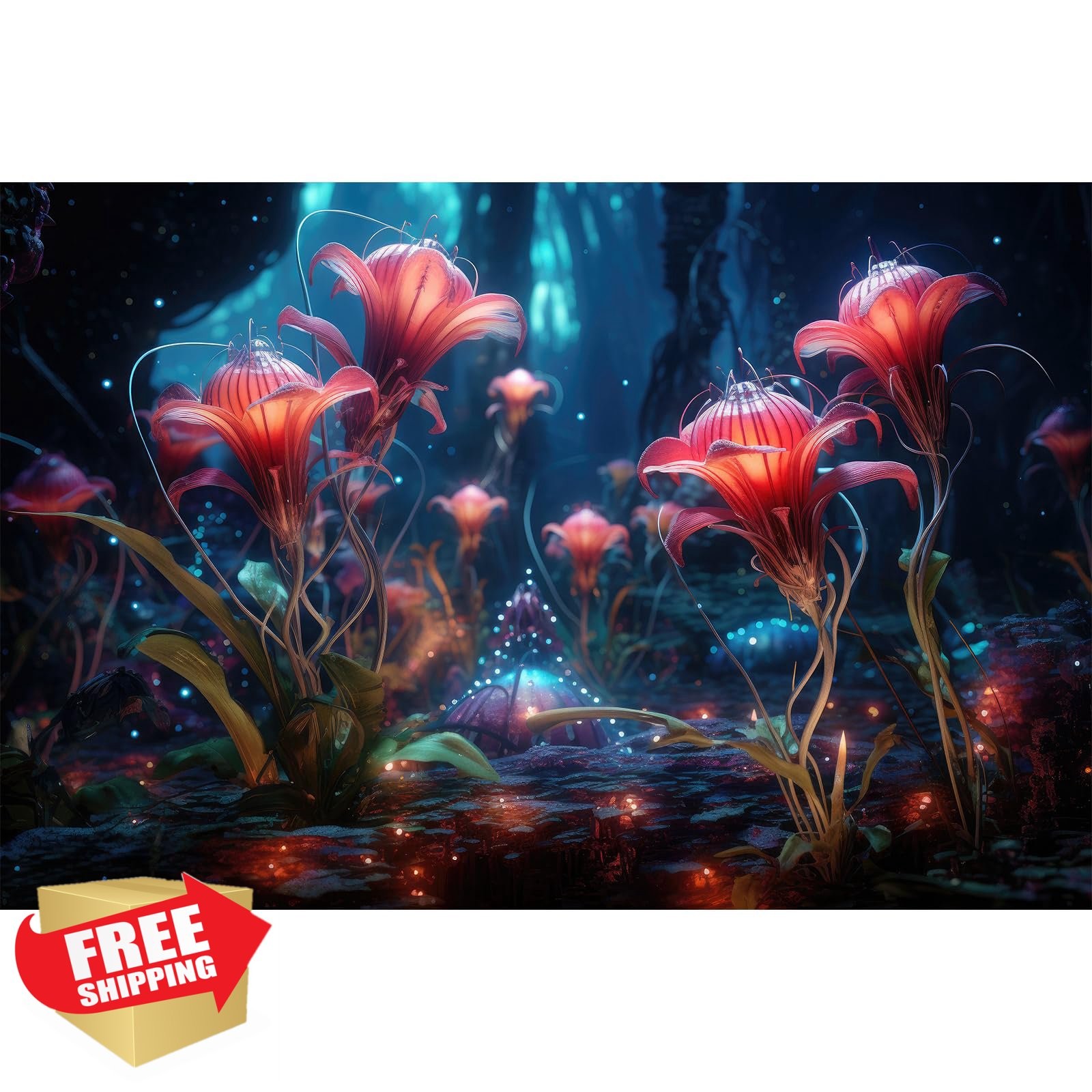 Aquarium Background 30x18in Red Flower Foggy Forest Terrarium Poster