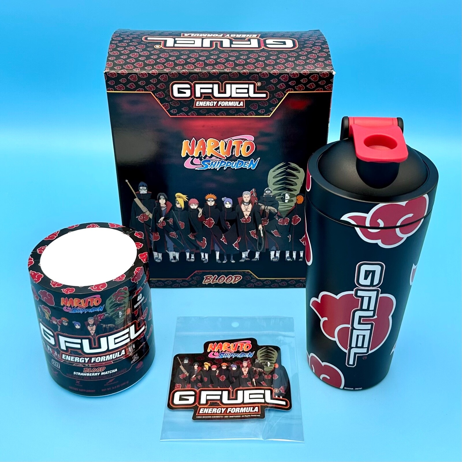 G Fuel Naruto Akatsuki Blood Collector's Box Tub 24oz Metal Shaker Cup + Sticker