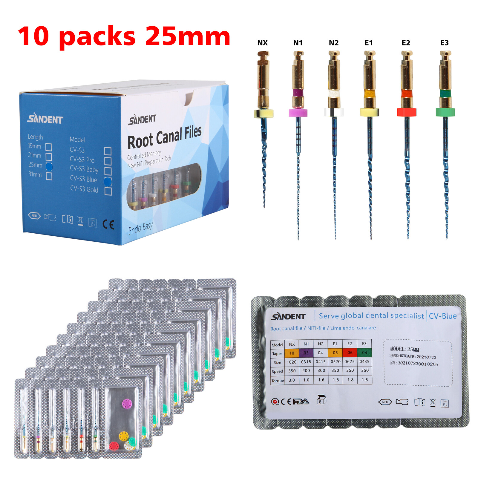 1-10 Packs Dental Endo Accessory NiTi Rotary Files E3 25MM Engine Root Canal ns