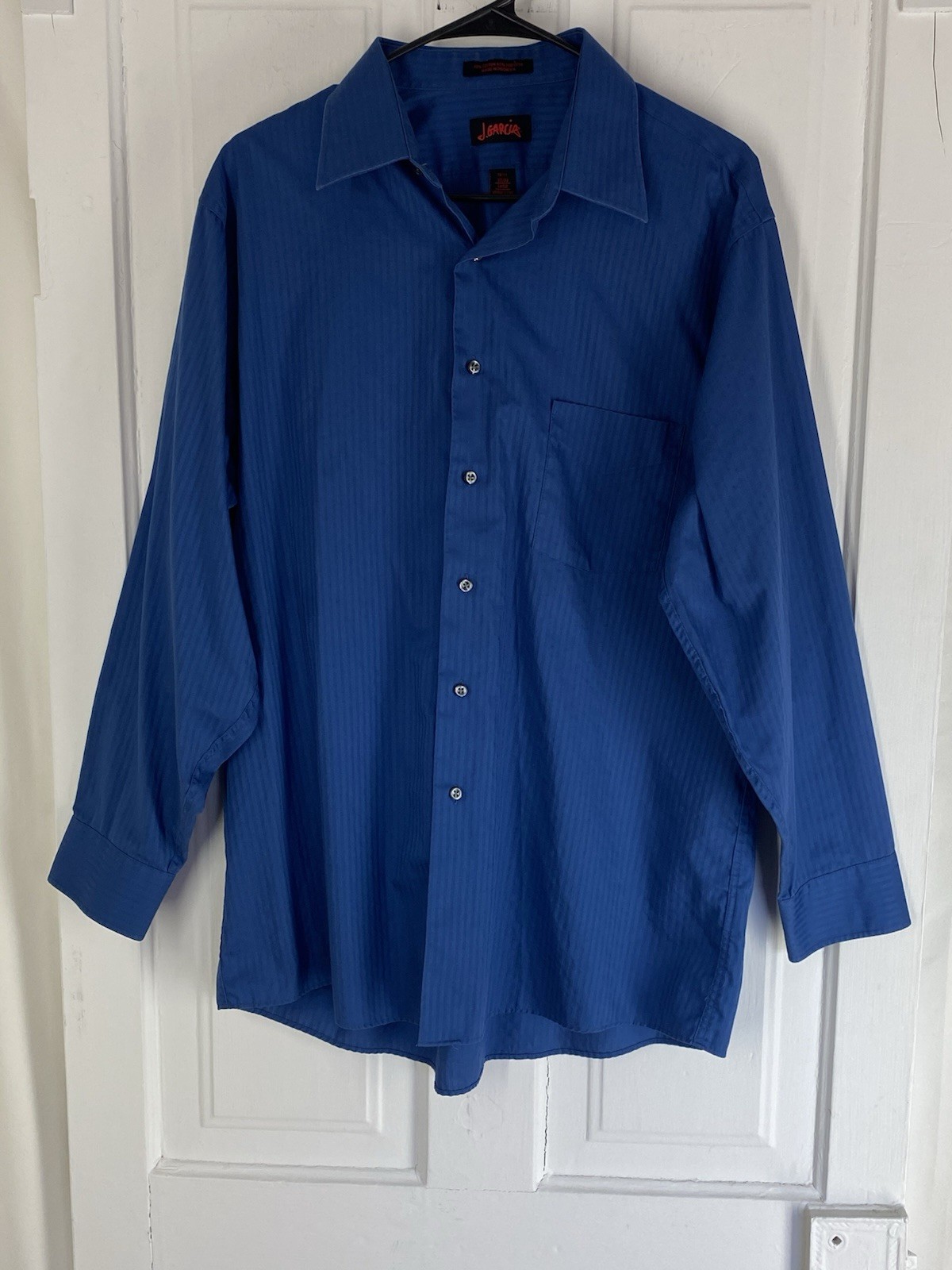 J. Garcia Dress Shirt (Size Large 16 1/2 32/33) Blue Stripe Button-Up, Vtg. 1998
