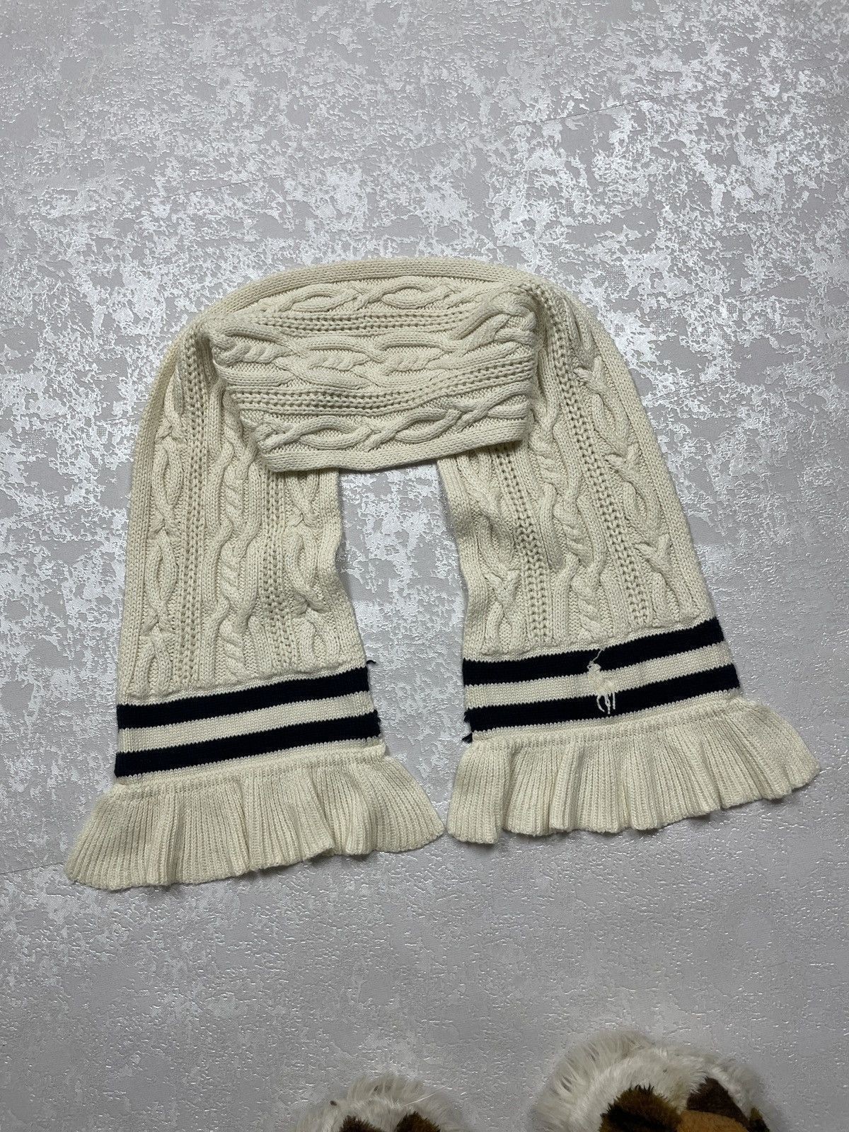 Vintage 90s Polo Ralph Lauren Cable Knit White Cotton Striped Scarf Pony Logo