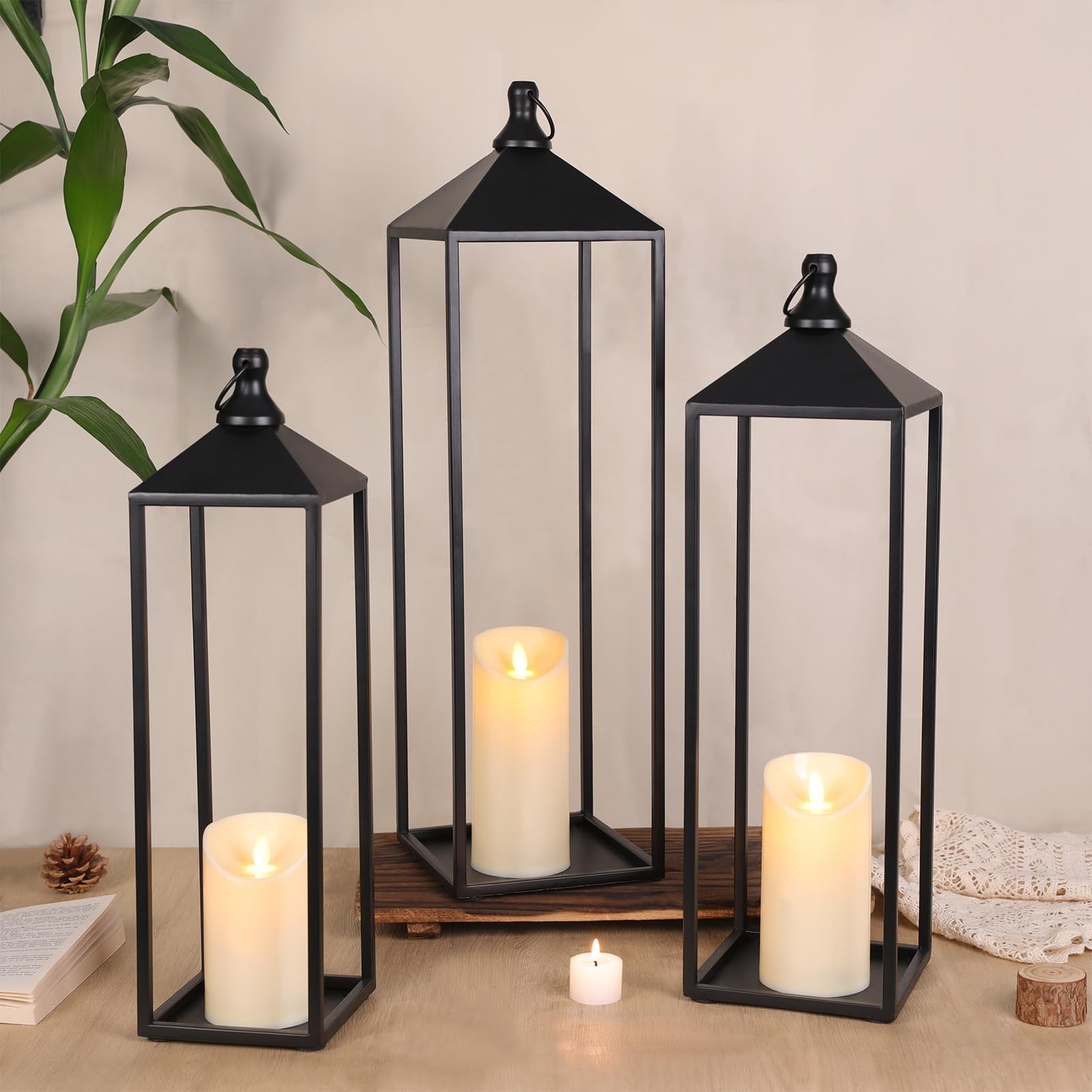 22'' 19'' 17'' Lanterns Decorative Outdoor Indoor, Set of 3 Black Metal Candl...