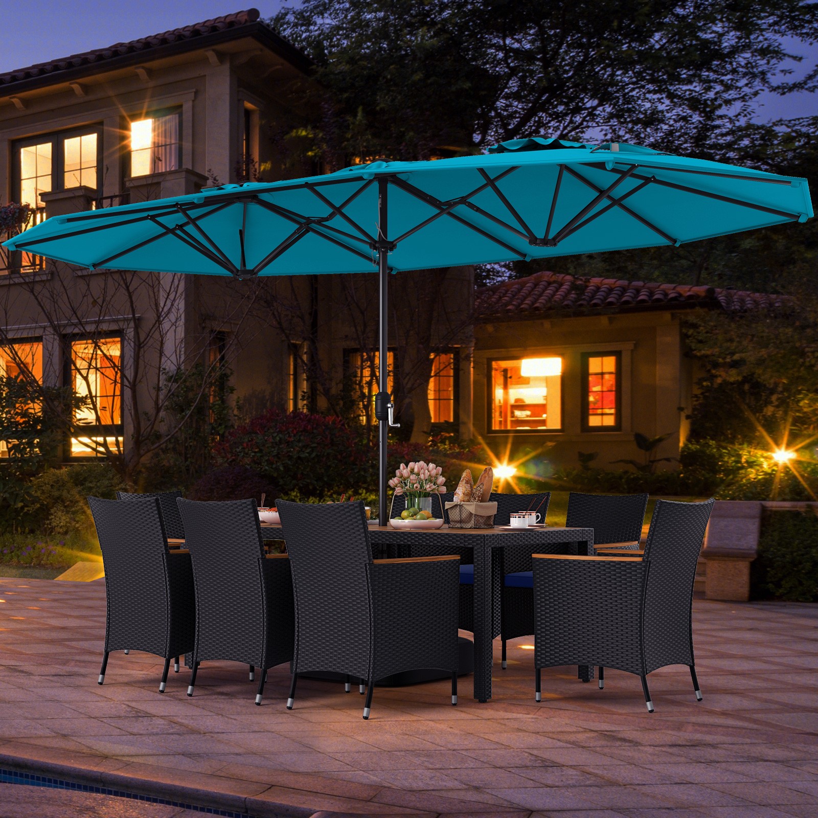 11 PCS Patio Wicker Dining Set w/Double-Sided Outdoor Umbrella 8 Stackable