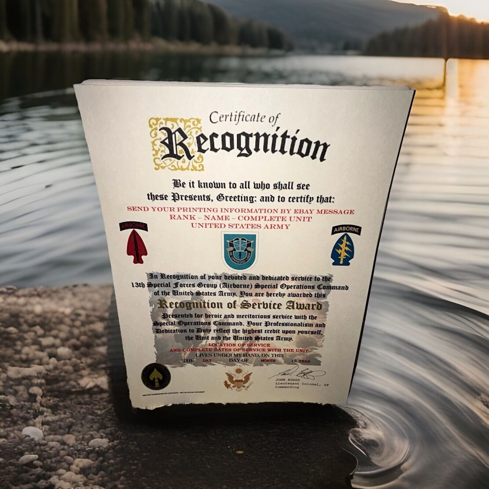 U.S. ARMY - 13TH SPECIAL FORCES GROUP (ABN) RECOGNITION OF SERVICE AWARD