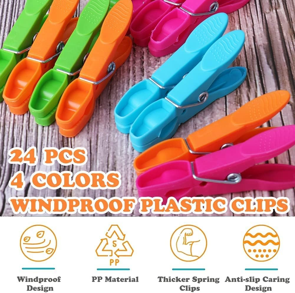 24 Pack Colored Plastic Clothespins Heavy Duty Non Slip Laundry Clips