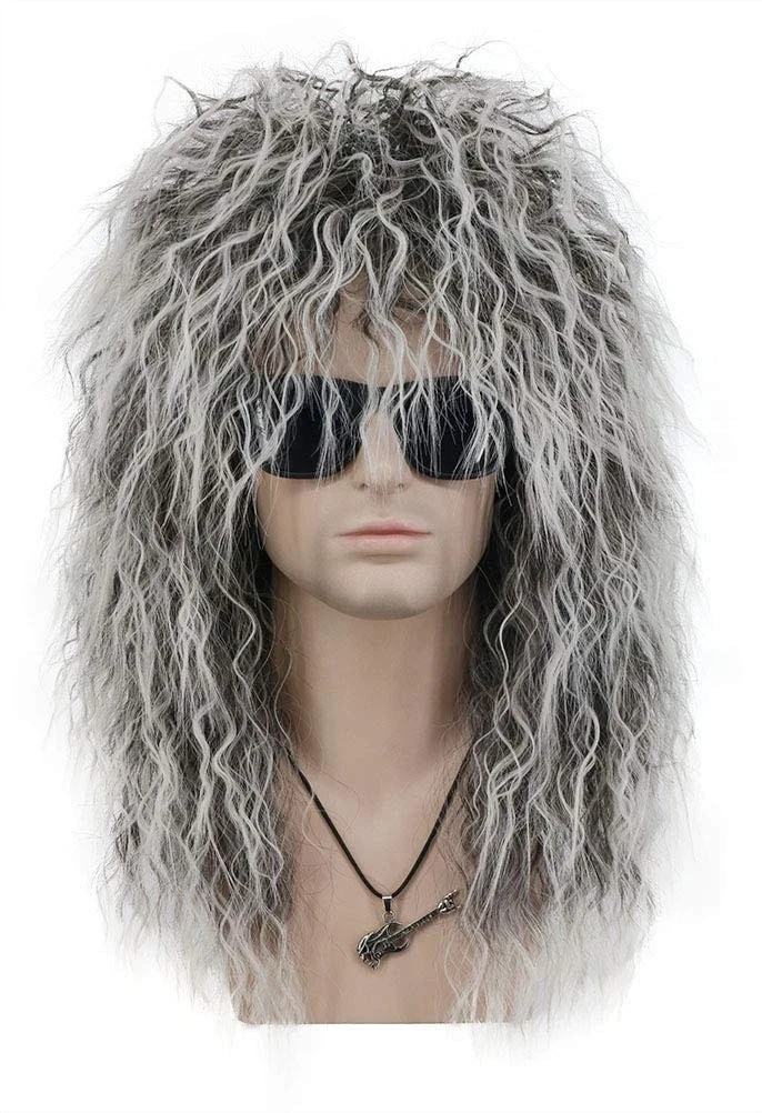 Adult Men Women Long Curly Gray Gradient White Wig 70s 80s Rocker Mullet Hall...