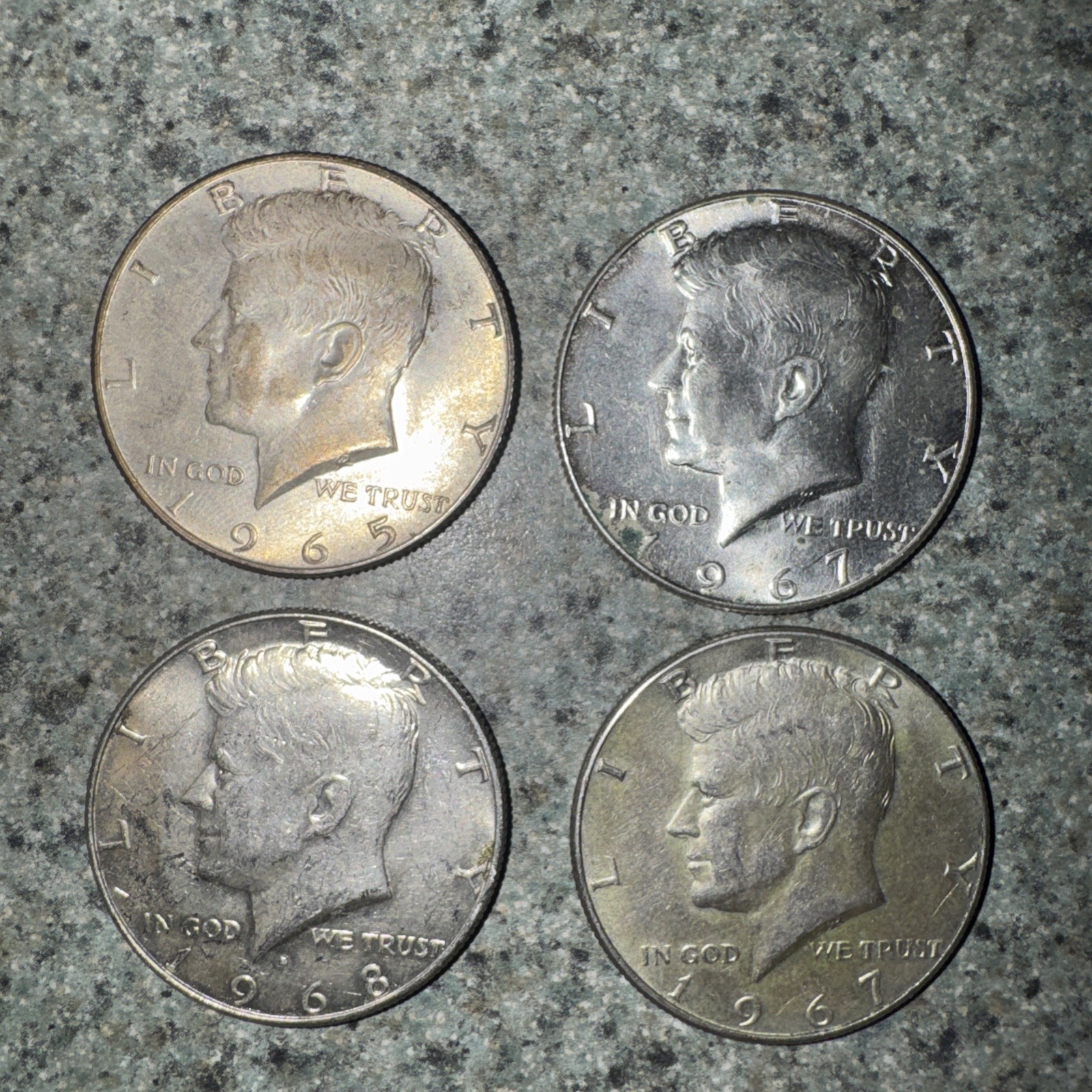Lot Of 4 Kennedy Silver Half Dollars 1968D, 1967, 1967, And 1965