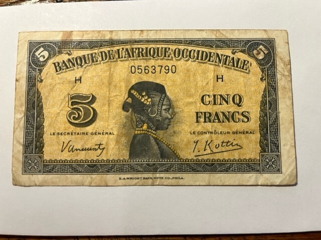 1942 French/Africa 5 Franc Note Circ. #21016