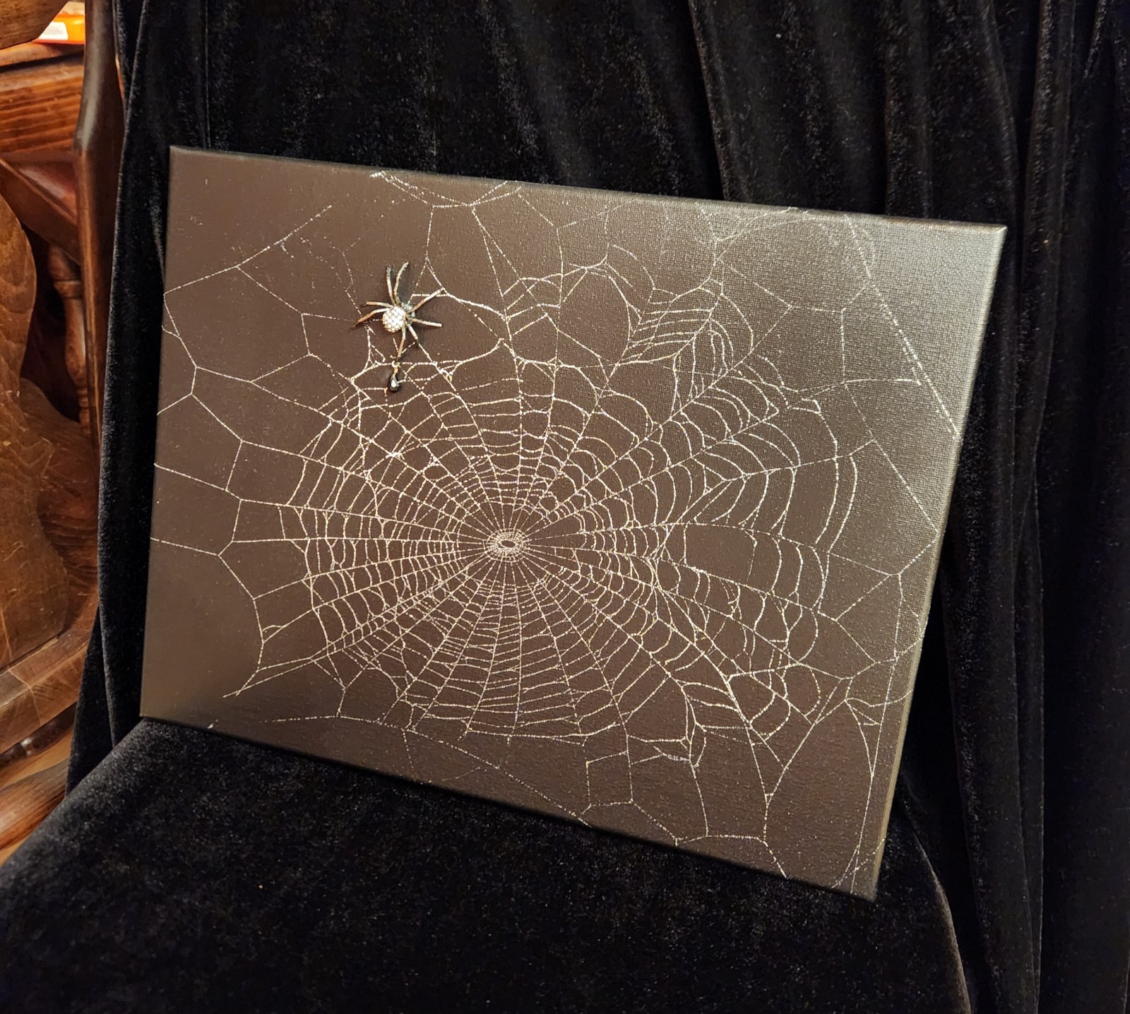 Spiderweb Canvas wallart *REAL SPIDERWEB PRESERVED!* Betsey Johnson pendant!