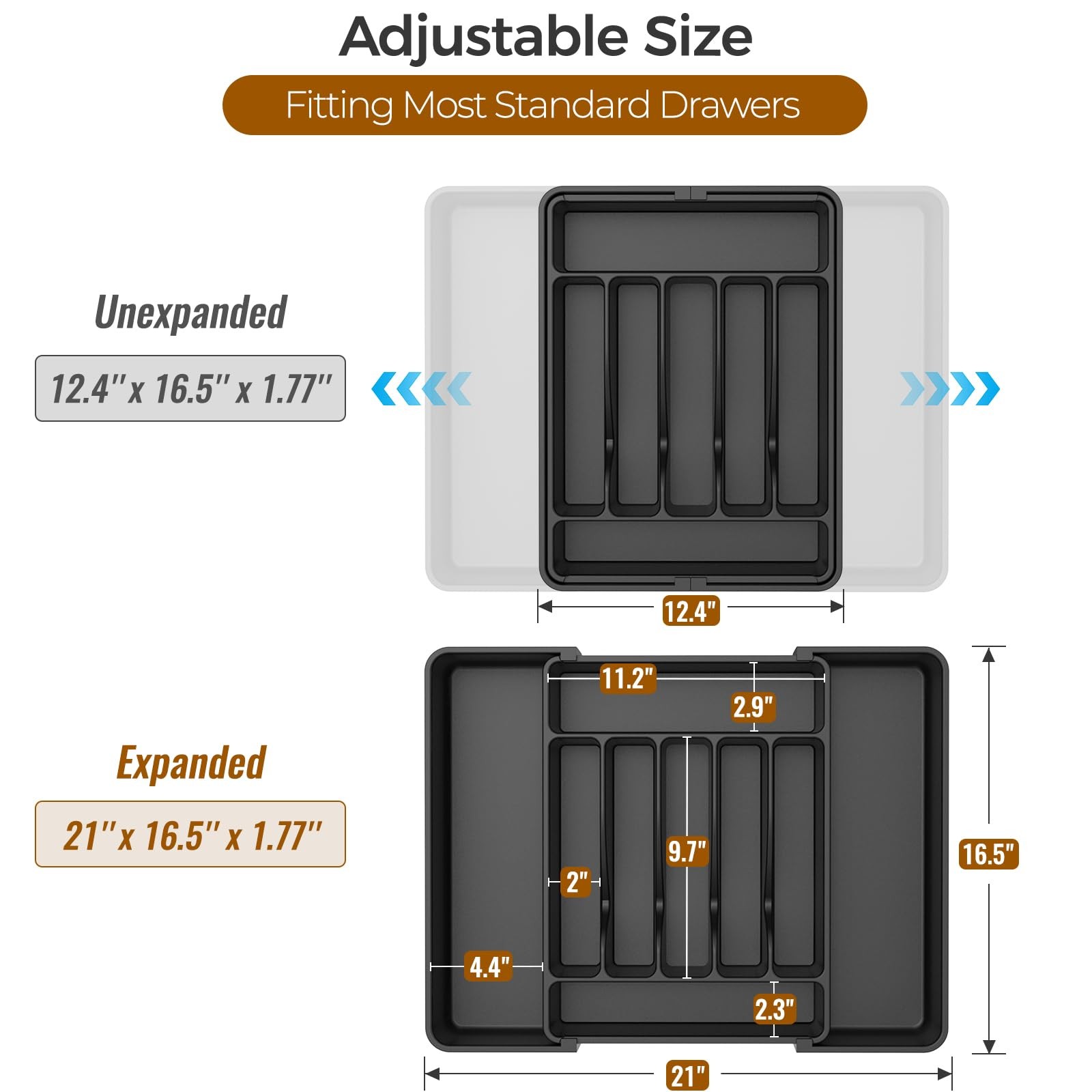 Expandable Silverware Organizer, Adjustable Cutlery Drawer Organizer, Black