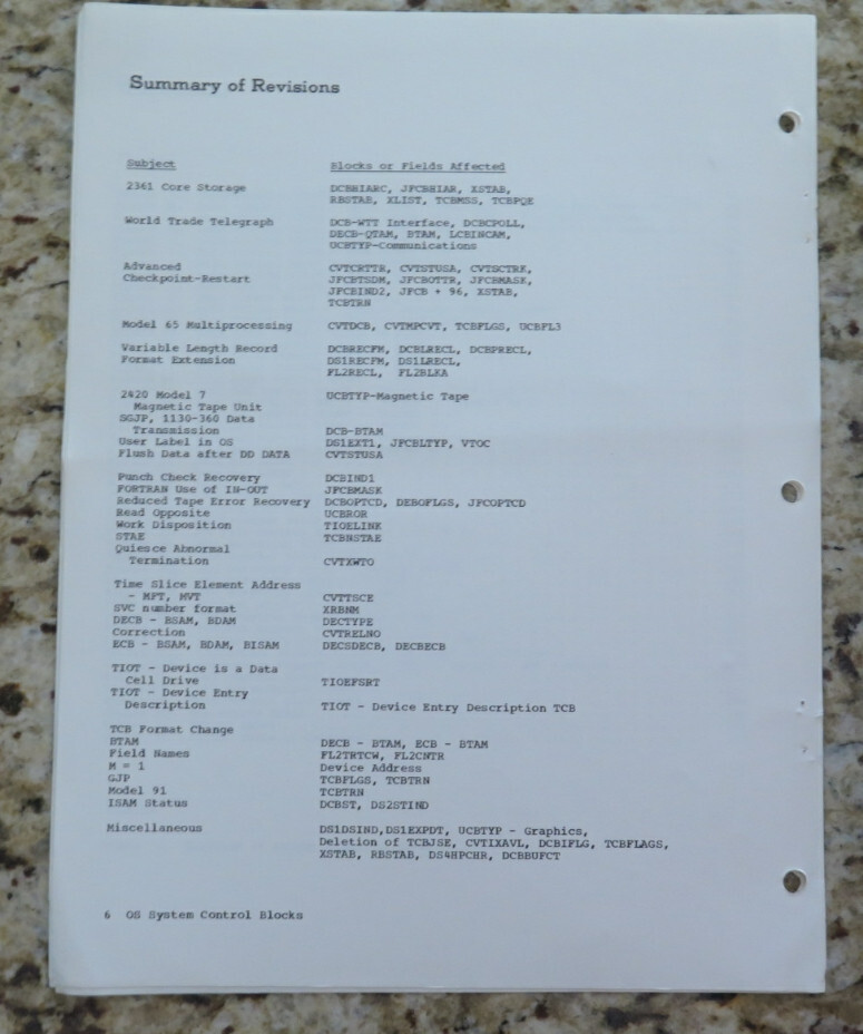 Vintage IBM System / 360 Operating System System Control Blocks Dated 1968