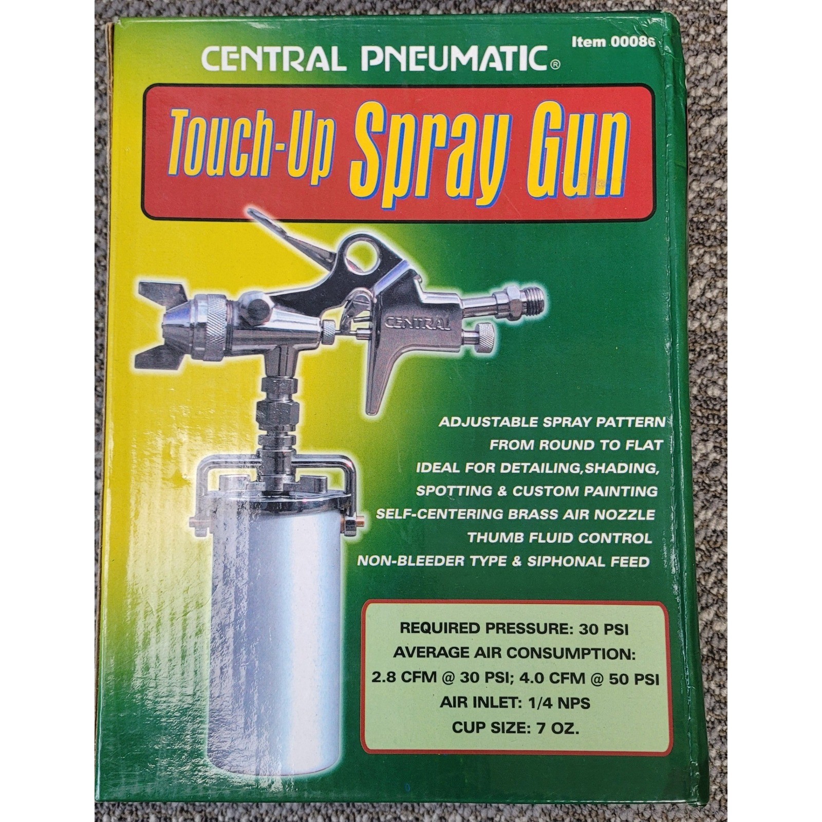 Central Pneumatic Touch-Up Spray Gun 00086 Silver New Air Paint Tool 7oz Cup