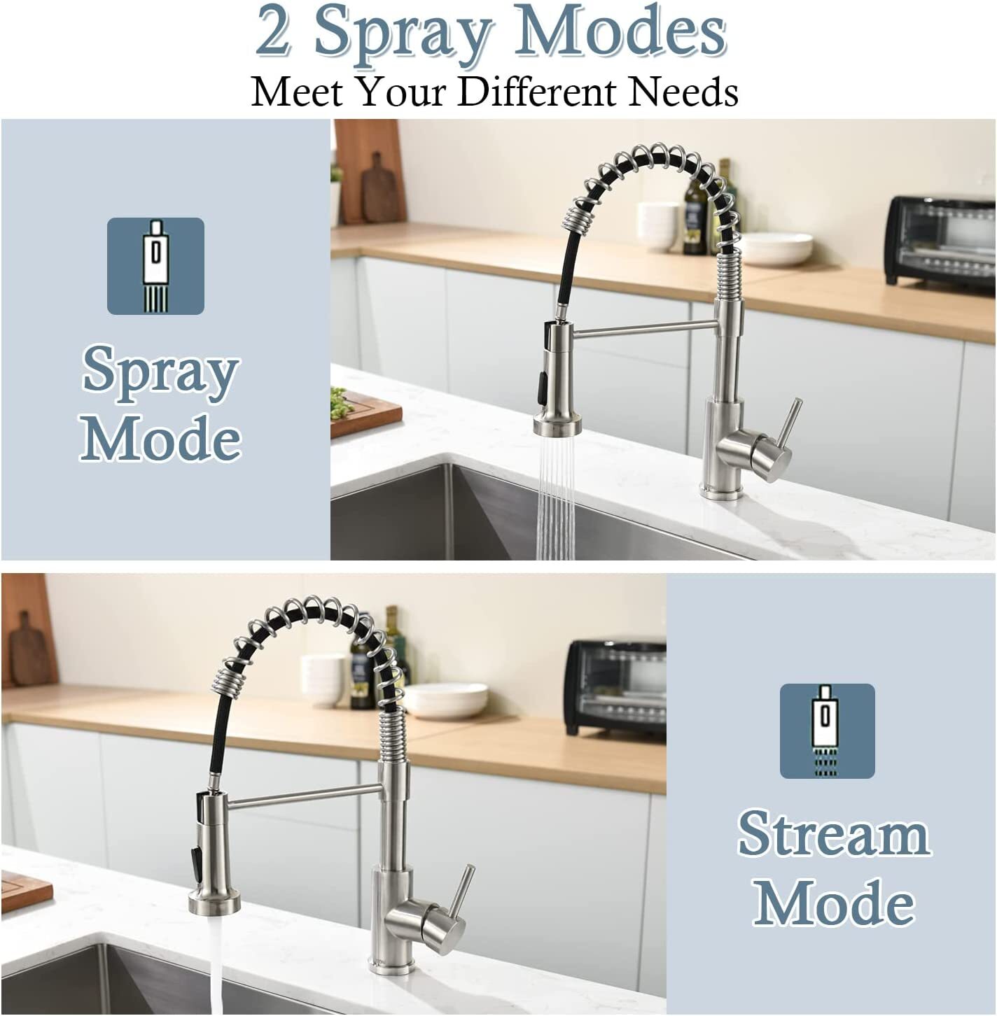 Comercial Spring Brushed Nickel Kitchen Faucet with Sprayer Pull Down Sink Mixer