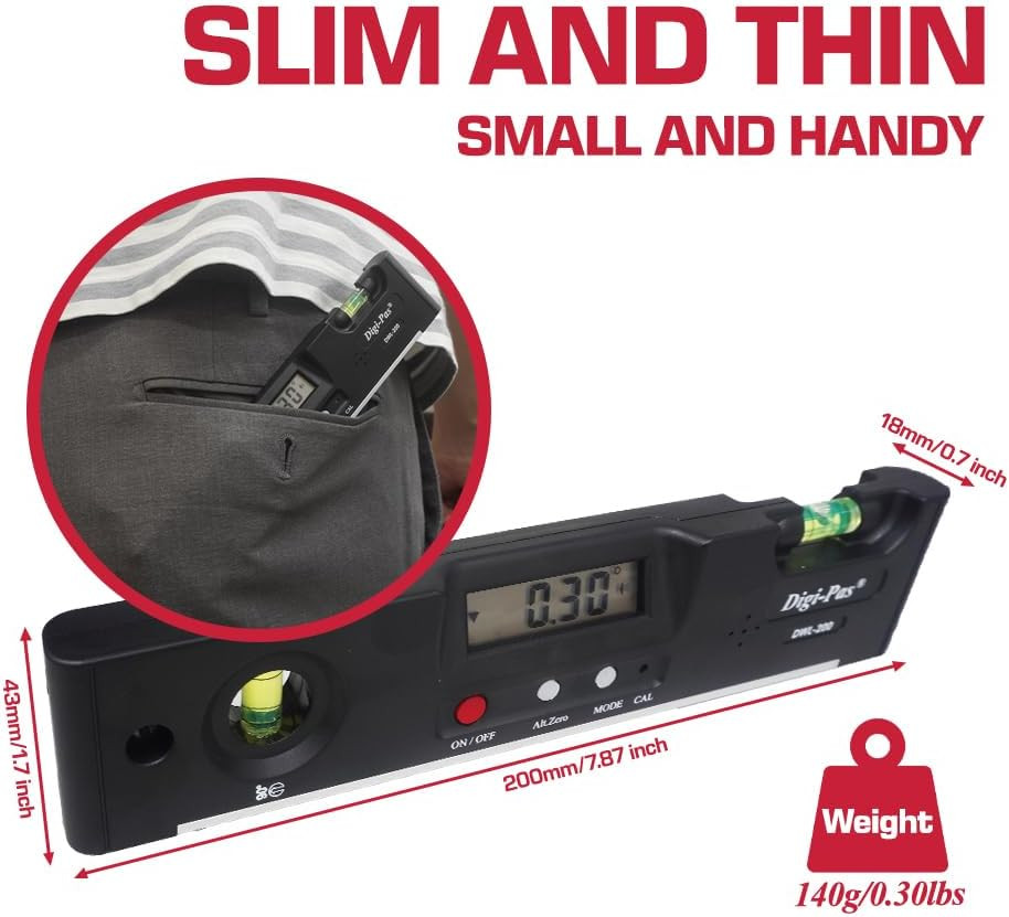 DWL200 Electronic Torpedo Level, Protractor, Angle Gauge, Angle Finder, Bevel Ga