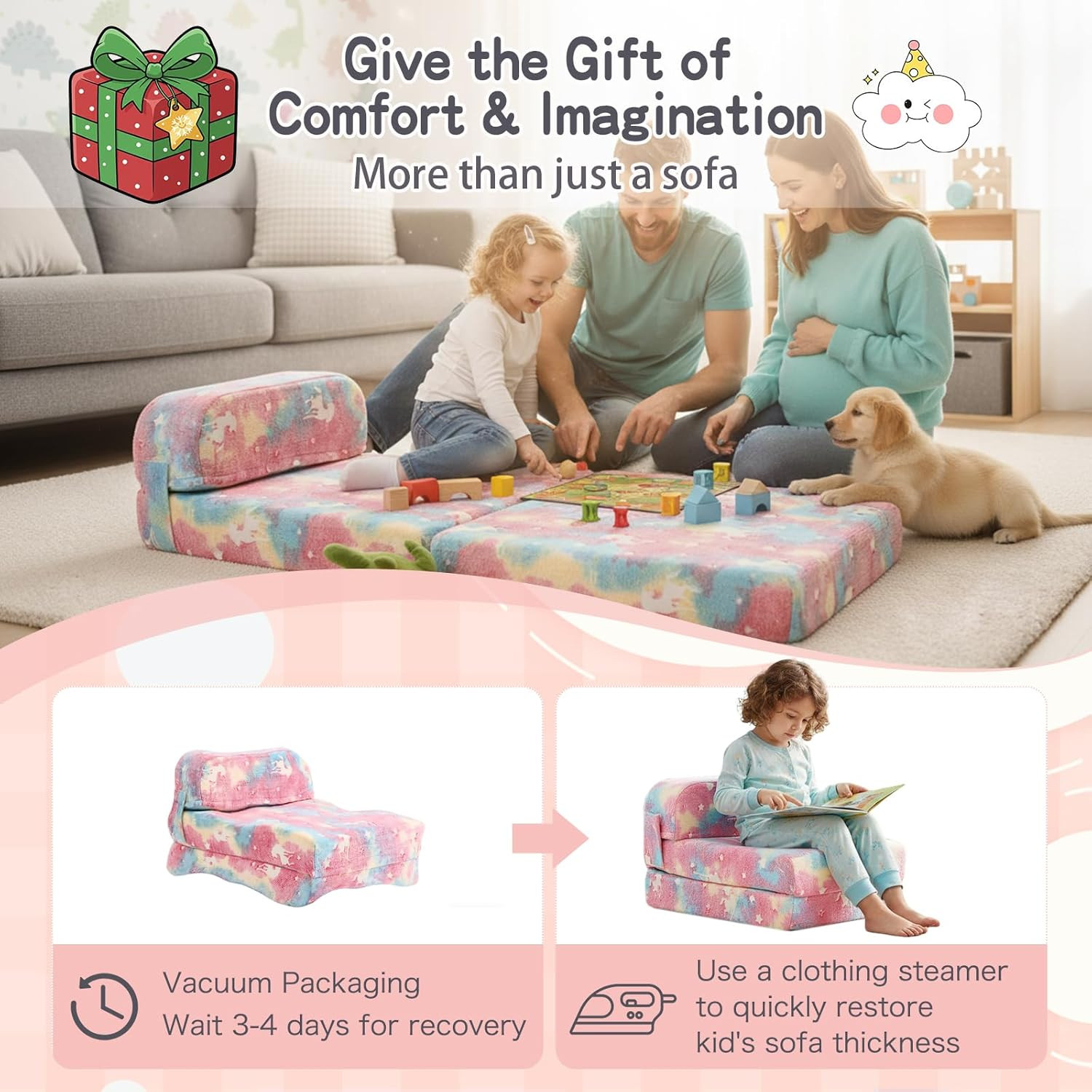Colorful Folding Sofa Bed for Kids, Removable Cover Toddler Couch Bed