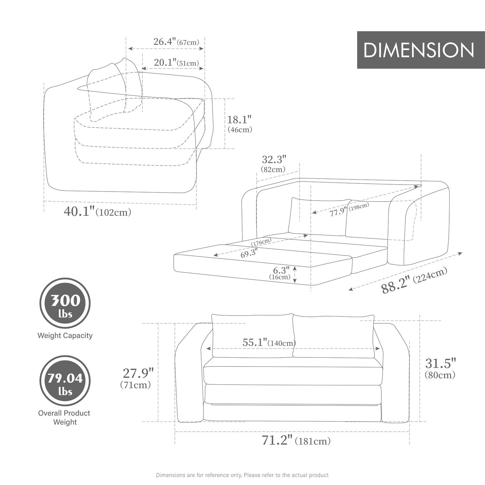 71" 2-in-1 Pull Out Foldable Loveseat Sofa Bed with Armrest & Backrest Pillow